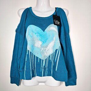 Chaser Graphic Cold Shoulder Sweatshirt Blue Dripping Heart Cotton Blend‎ NWT S